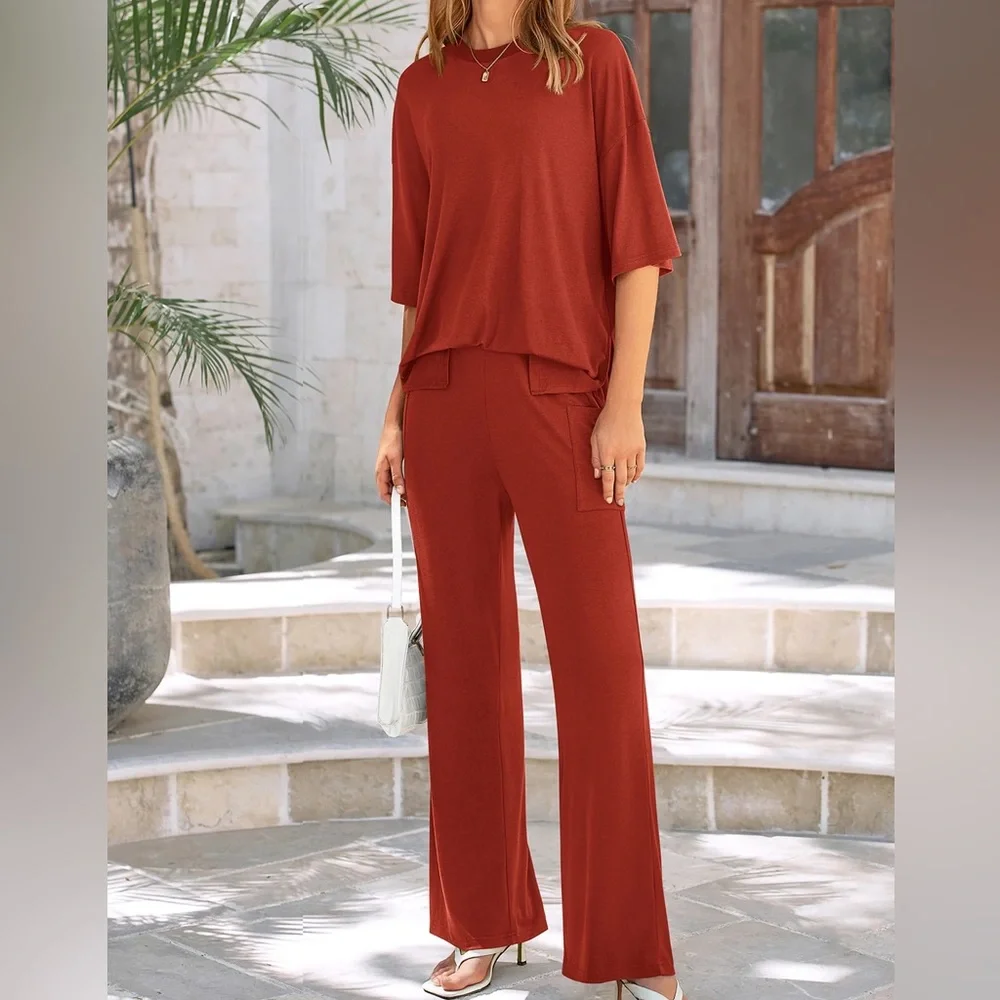 Short Sleeve Pullover Tops And Wide Leg Pants Two Piece Set - Picture 2 of 3